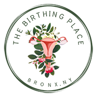 Illustration of a uterus surrounded by leaves in a circle, with THE BIRTHING PLACE - BRONX, NY surrounding it