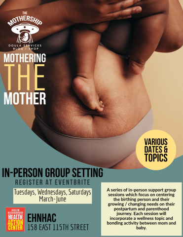 A postpartum mother and baby on a poster for Mothering the mother support group